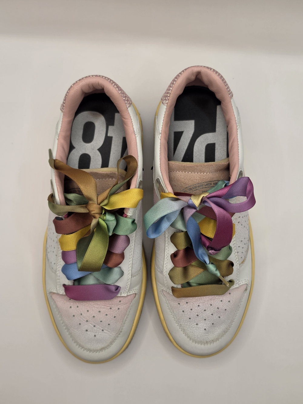 P448 White & Pink Platform Sneakers w/ Rainbow Ribbon Laces Size 6/6.5